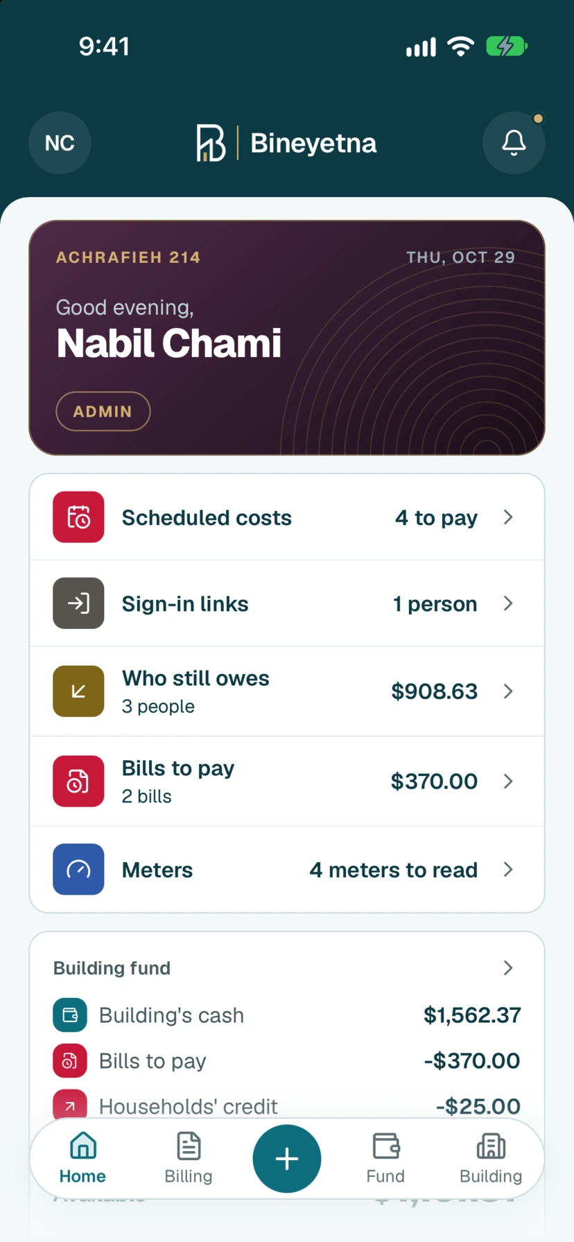 Admin home screen on mobile: the building, and everything still to do. Scheduled costs to pay, sign-in links, who still owes, bills to pay, and meters to read.