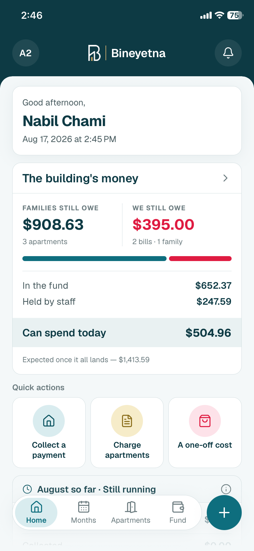Admin home screen on mobile: what families owe, what the building owes, and what it can spend today